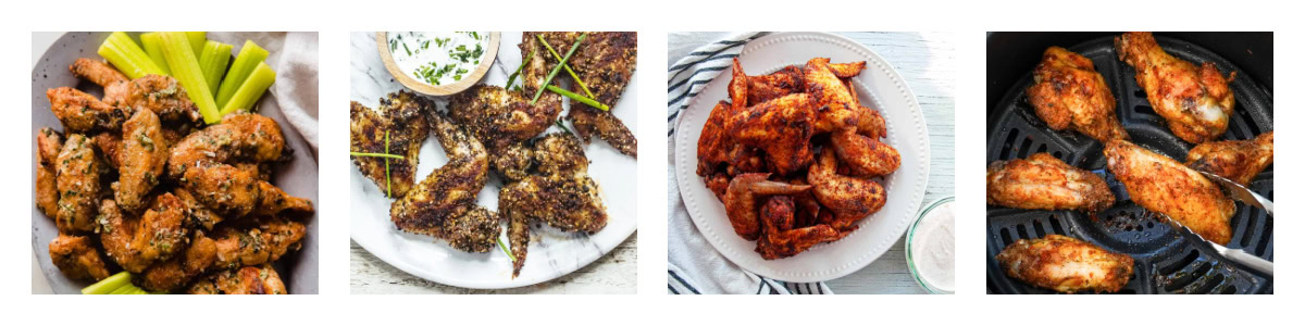 collage of 4 air fryer chicken wings recipes