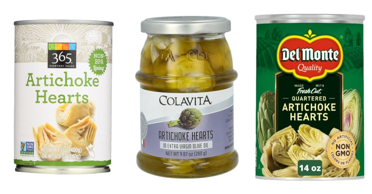 Love artichoke hearts? This roundup includes 25 delicious artichoke heart recipes—dips, pasta, casseroles, chicken dinners, and more! collage of three brands of artichoke hearts