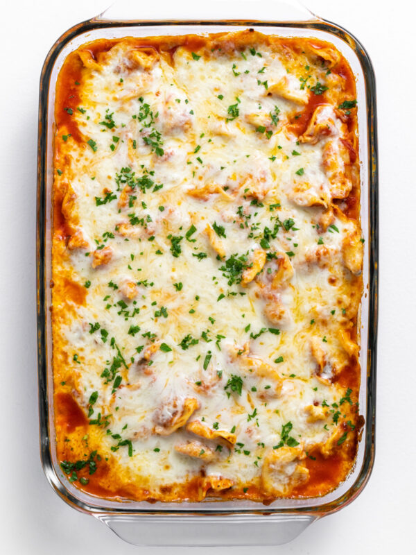 baked tortellini casserole in a baking dish