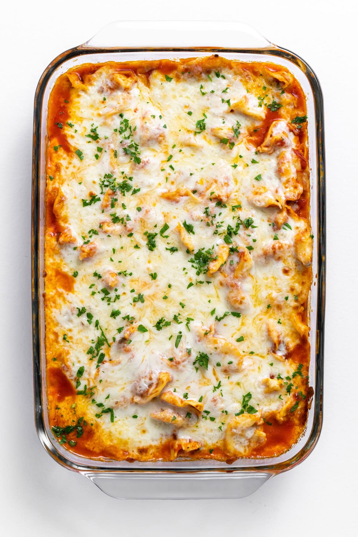 baked tortellini casserole in a baking dish