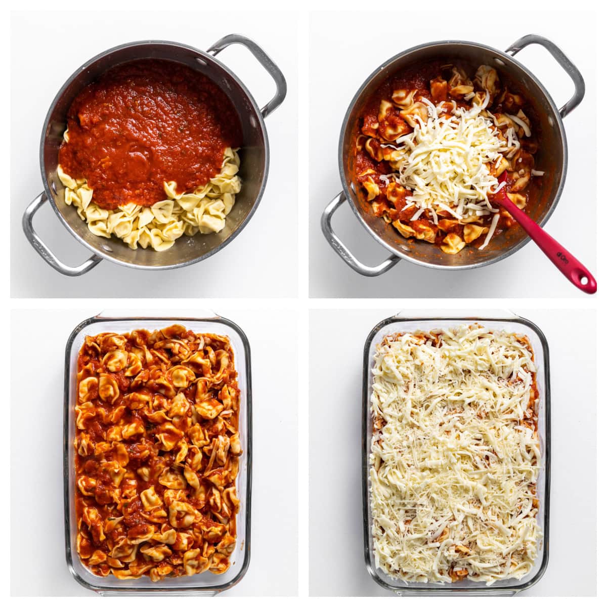 four photos showing how to make baked tortellini casserole