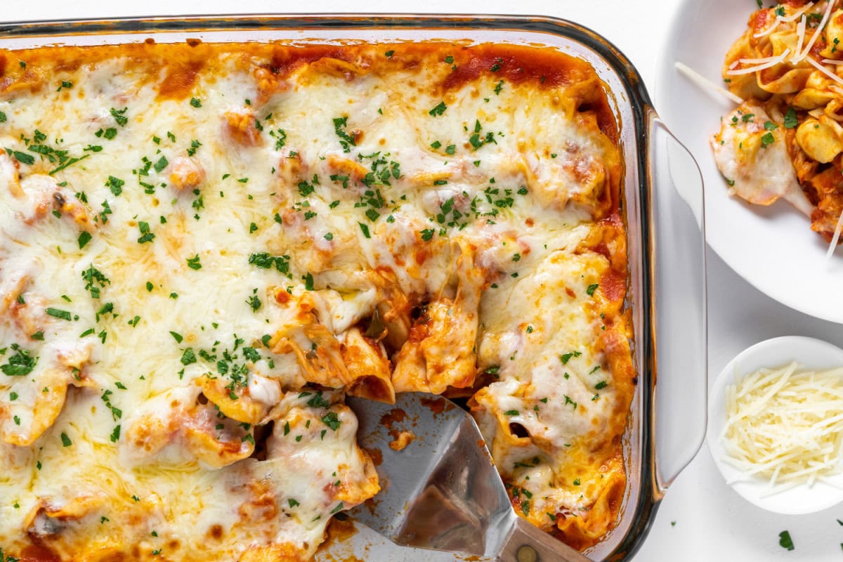 baking dish of baked tortellini casserole