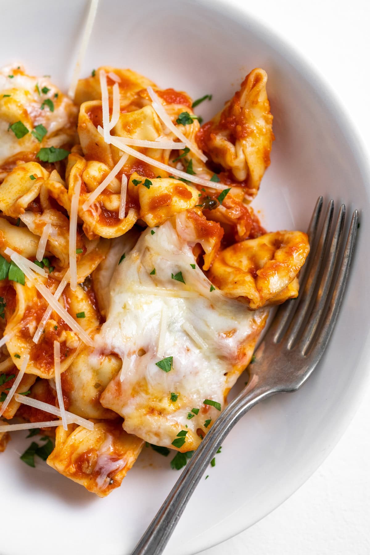 bowl of tortellini with fork