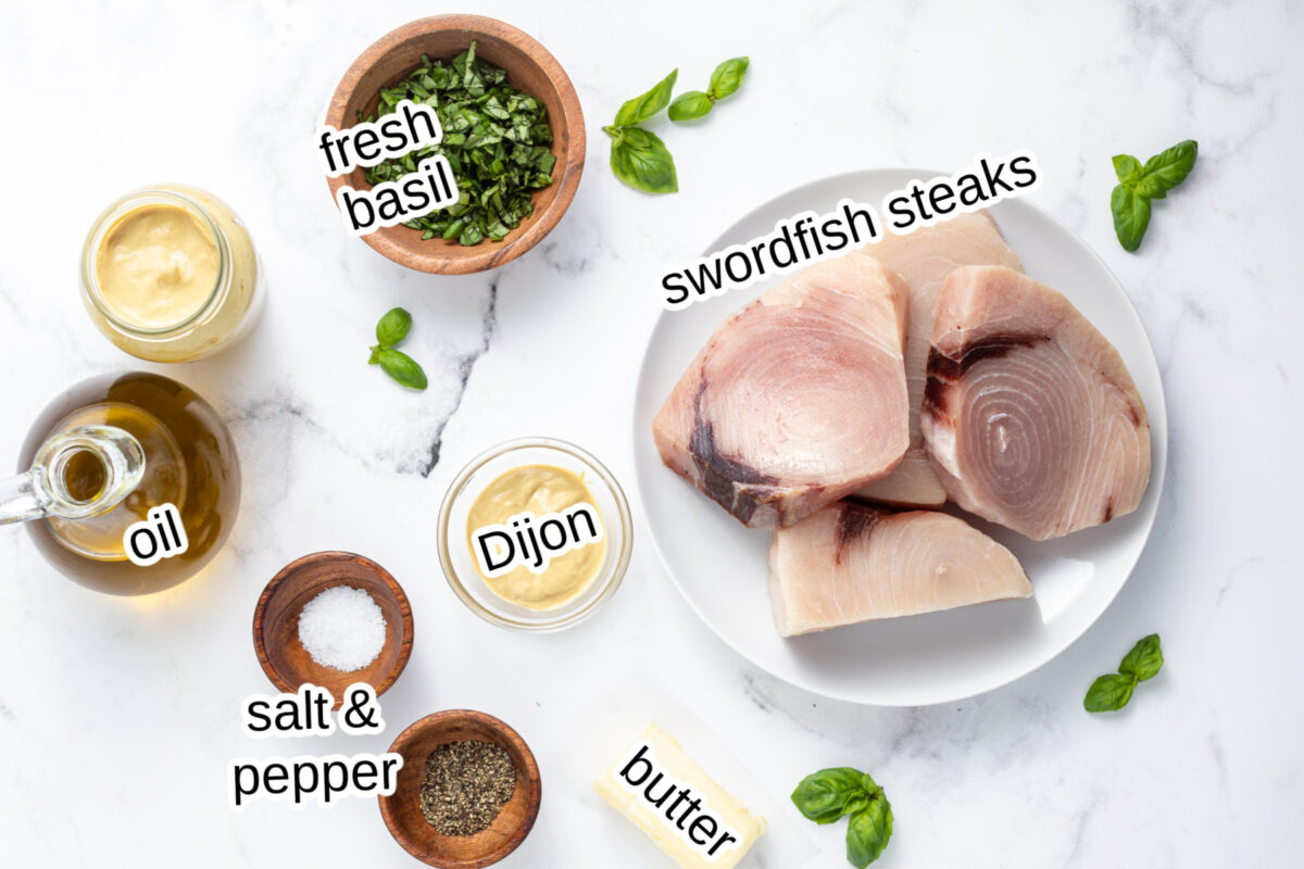ingredients displayed for making grilled swordfish with mustard basil butter