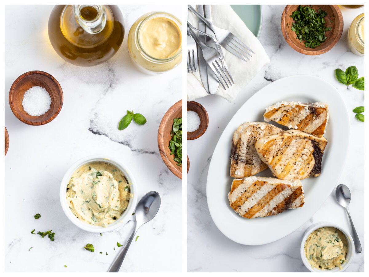 two photos showing mustard basil butter in dish and grilled swordfish on a plate