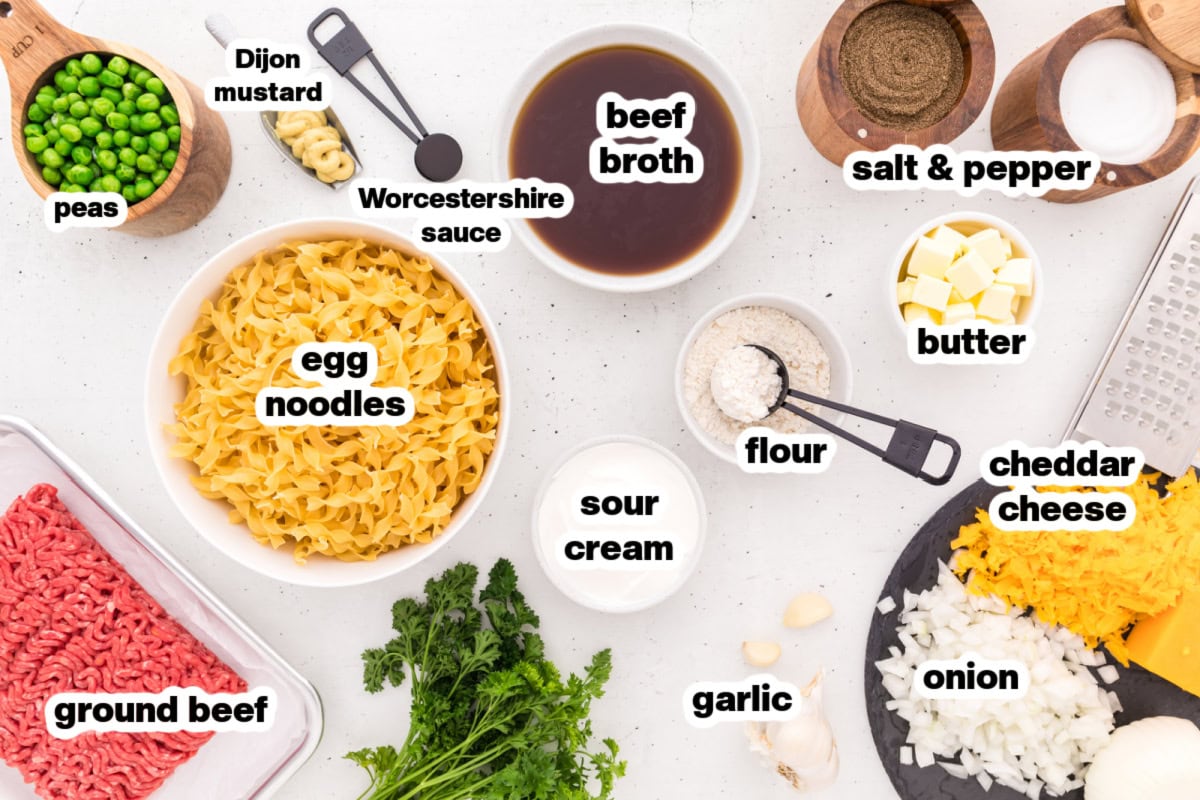 This Ground Beef Stroganoff is creamy, cheesy, and loaded with beef and noodles in a rich sauce. A cozy, easy dinner idea! ingredients displayed for making ground beef stroganoff