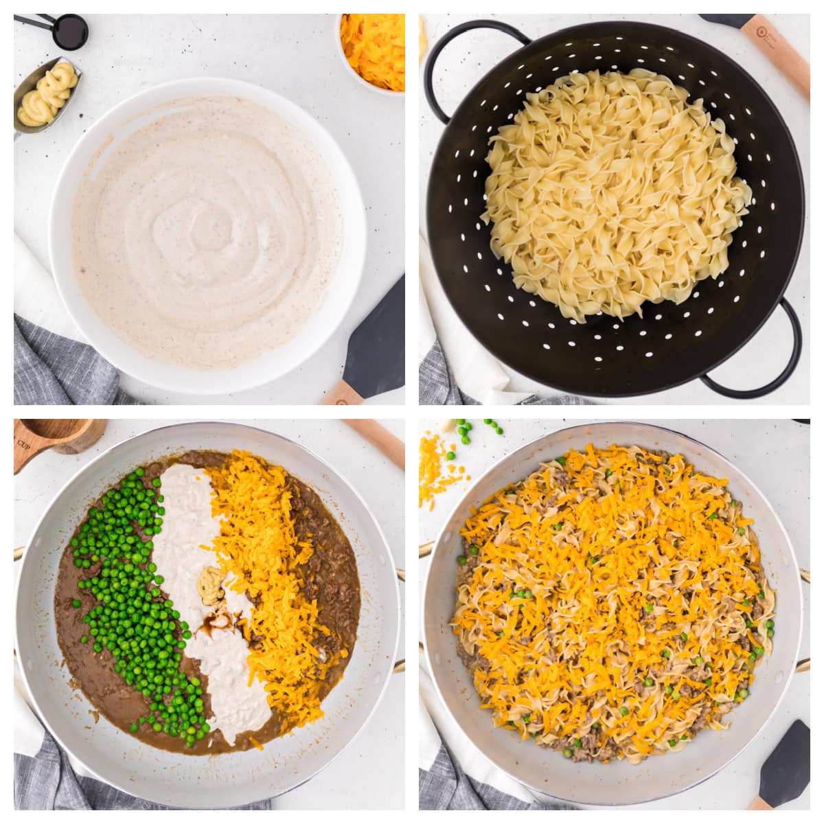 This Ground Beef Stroganoff is creamy, cheesy, and loaded with beef and noodles in a rich sauce. A cozy, easy dinner idea! four photos showing how to make ground beef stroganoff recipe