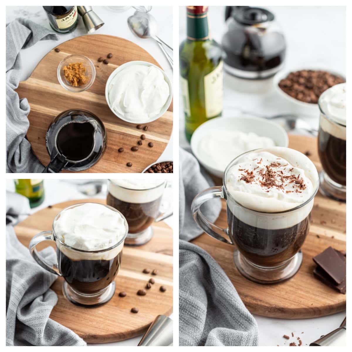 Learn how to make Irish Coffee—hot coffee, Irish whiskey, brown sugar, and whipped cream. A cozy classic cocktail. three photos showing how to make irish coffee