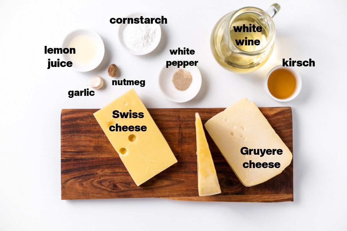 ingredients displayed for making cheese fondue
