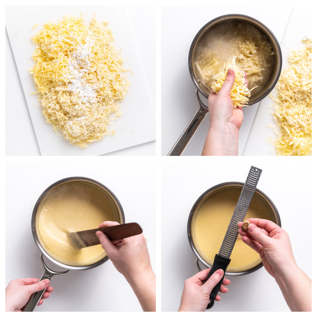 four photos showing how to make cheese fondue