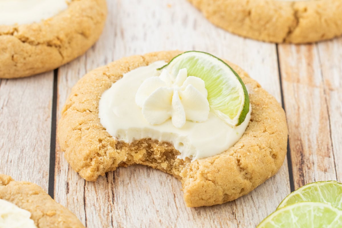 bite taken out of key lime pie cookie