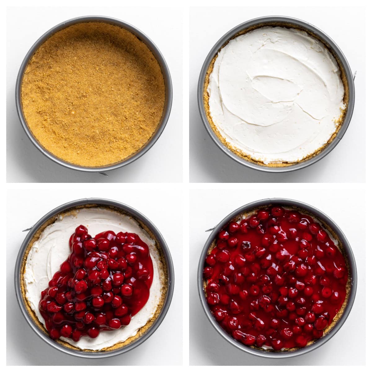 This easy No Bake Cherry Cheesecake has a buttery graham cracker crust, fluffy cream cheese filling, and sweet cherry topping. Perfect make-ahead dessert! four photos showing how to assemble no bake cherry cheesecake