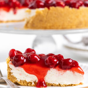 pinterest image for no bake cherry cheesecake