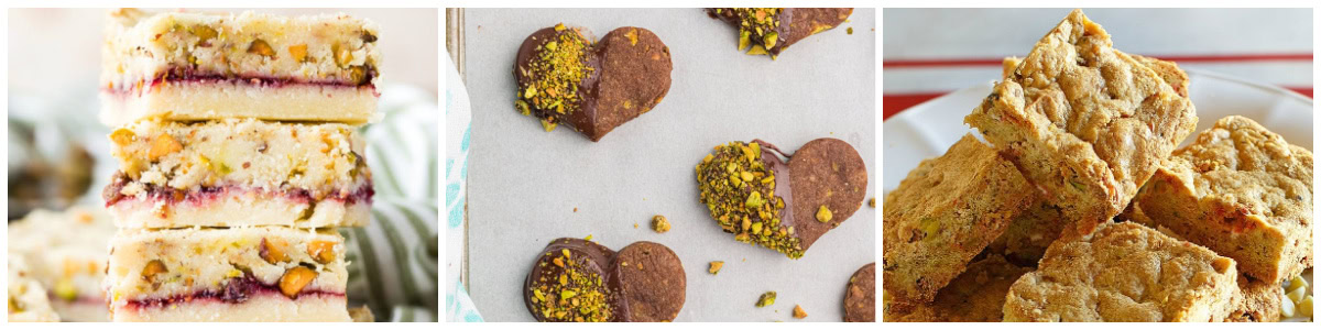 three photos of pistachio cookies and bars