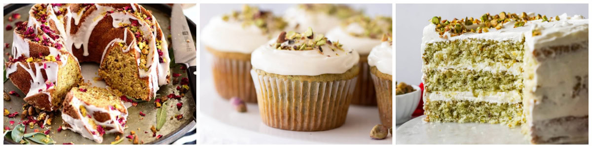 three photos of pistachio cakes and cupcakes