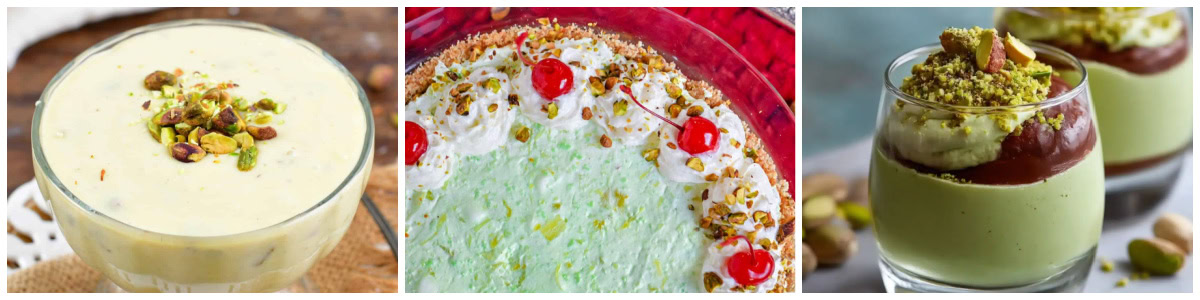 three photos of creamy pistachio desserts