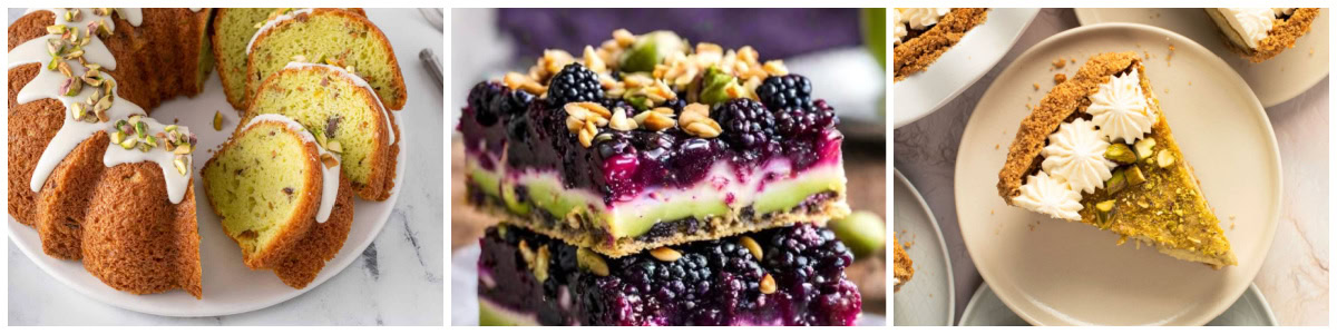 three photos of classic pistachio desserts