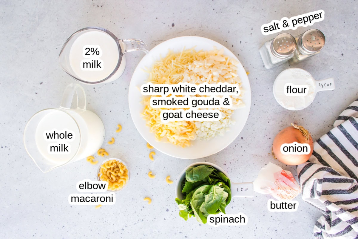 Spinach Mac and Cheese is creamy, cheesy comfort food with fresh spinach and a blend of delicious cheeses. ingredients displayed for making spinach mac and cheese