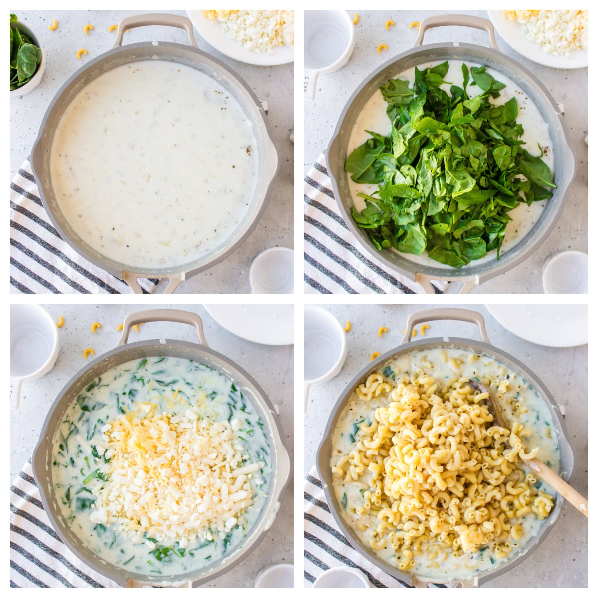 Spinach Mac and Cheese is creamy, cheesy comfort food with fresh spinach and a blend of delicious cheeses. four photos showing how to make spinach mac and cheese
