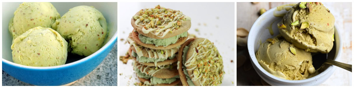 three photos of frozen pistachio treats
