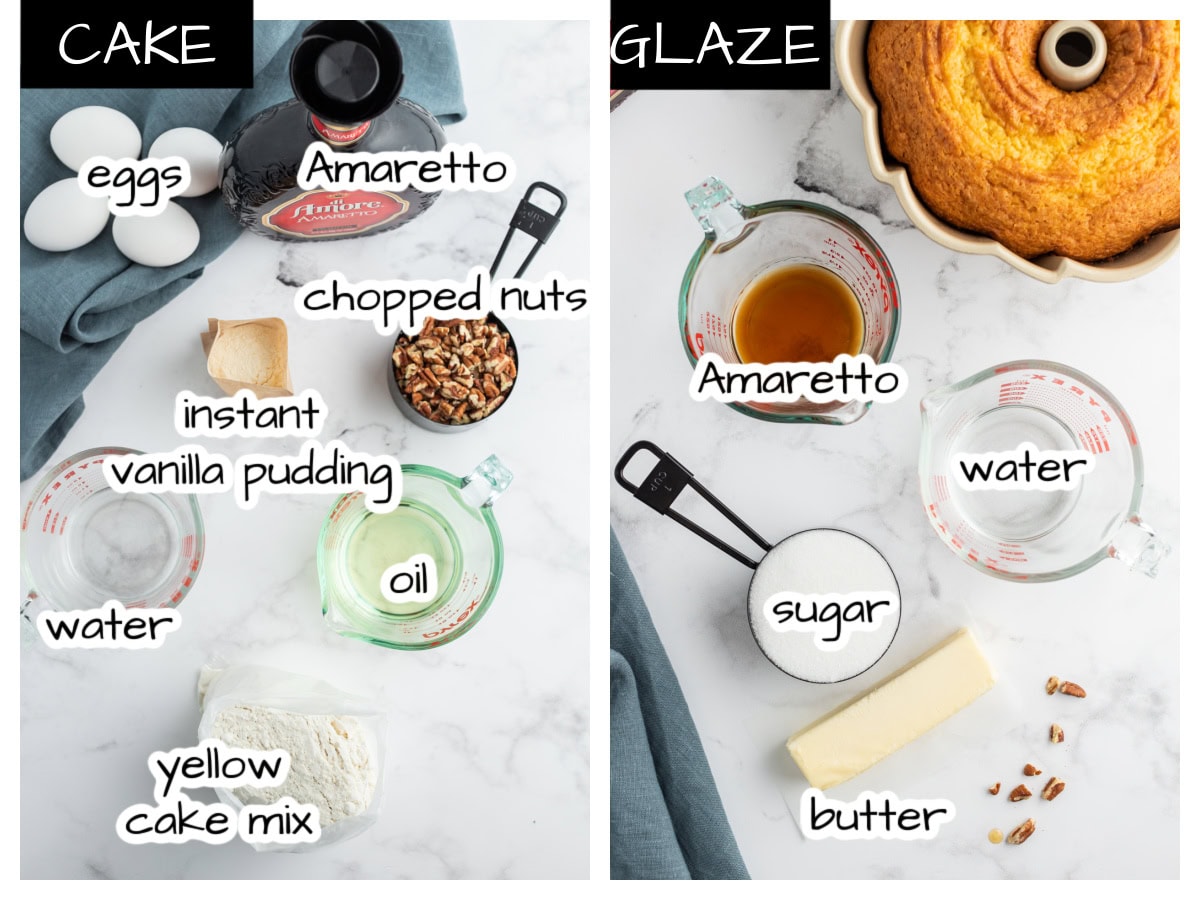 ingredients displayed for making amaretto bundt cake