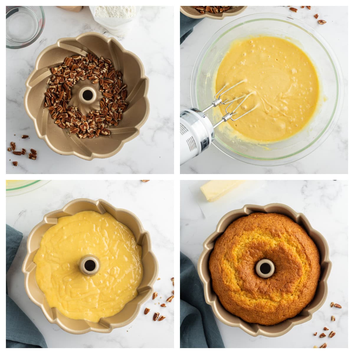 four photos showing how to make amaretto bundt cake