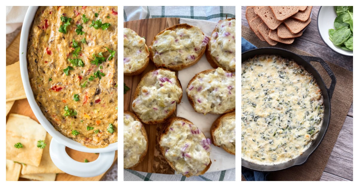 Love artichoke hearts? This roundup includes 25 delicious artichoke heart recipes—dips, pasta, casseroles, chicken dinners, and more! collage of three artichoke heart appetizer recipes