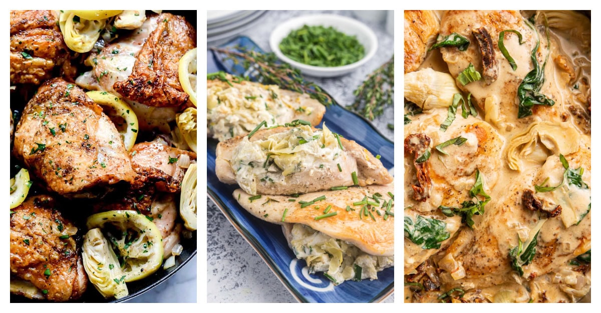 Love artichoke hearts? This roundup includes 25 delicious artichoke heart recipes—dips, pasta, casseroles, chicken dinners, and more! collage of three artichoke heart main dishes
