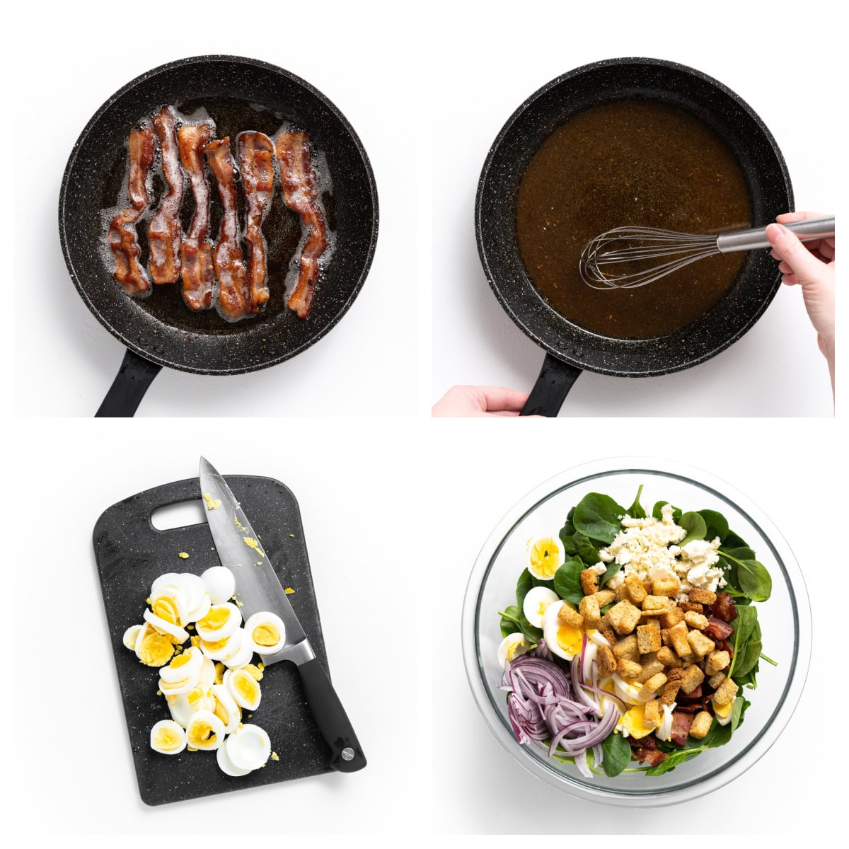 four photos showing how to make baby spinach salad with hot bacon dressing