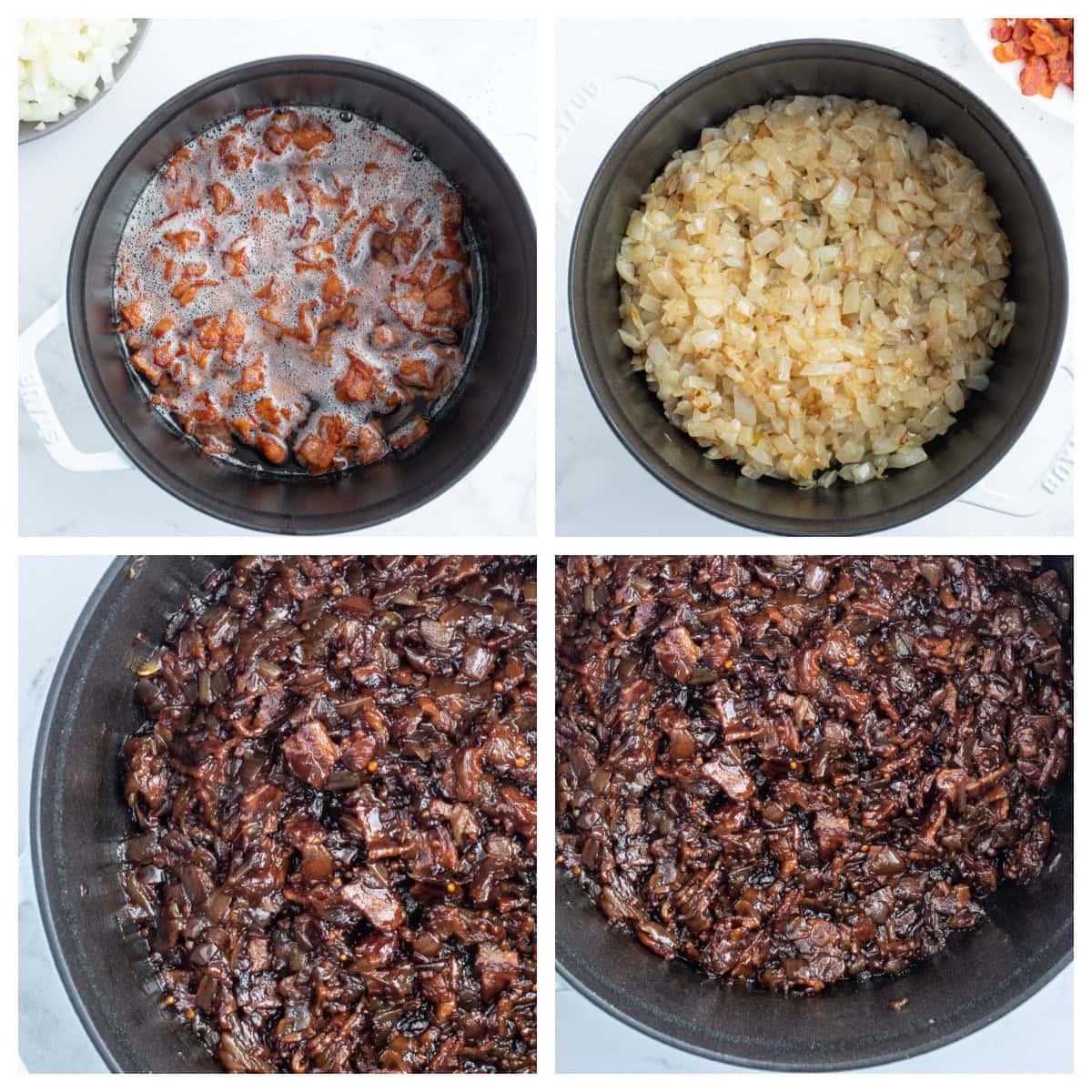 four photos showing how to make bacon onion jam