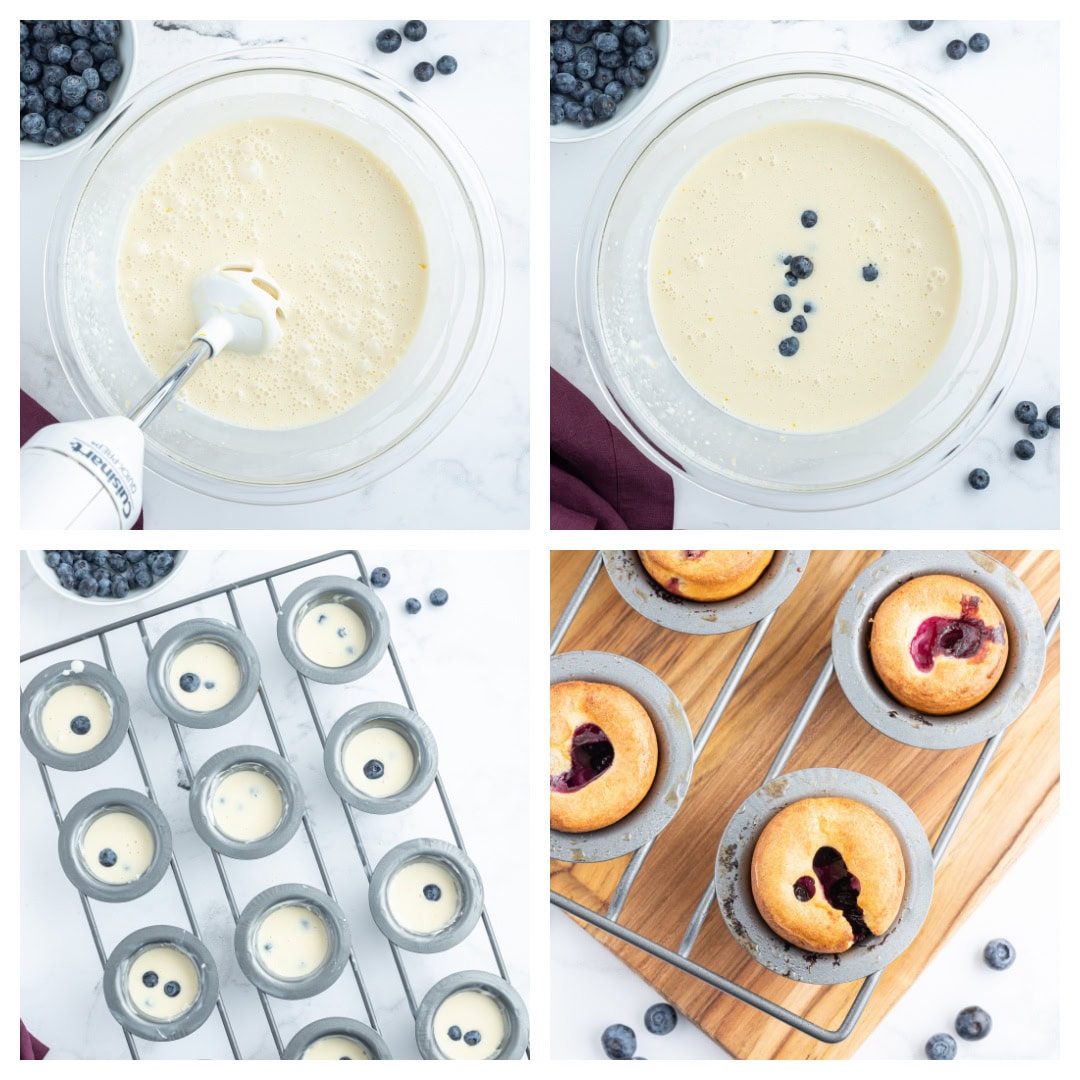 four photos showing how to make blueberry popovers