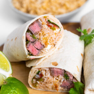 carne asada burrito cut in half
