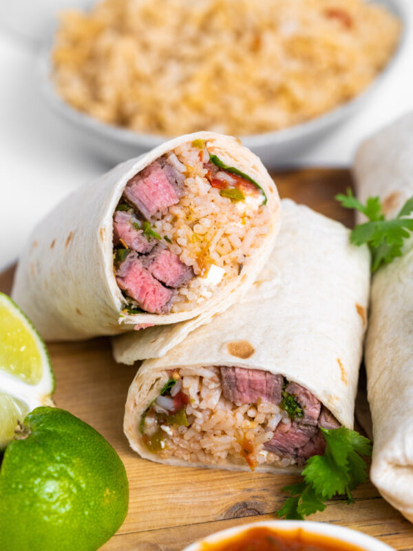 carne asada burrito cut in half