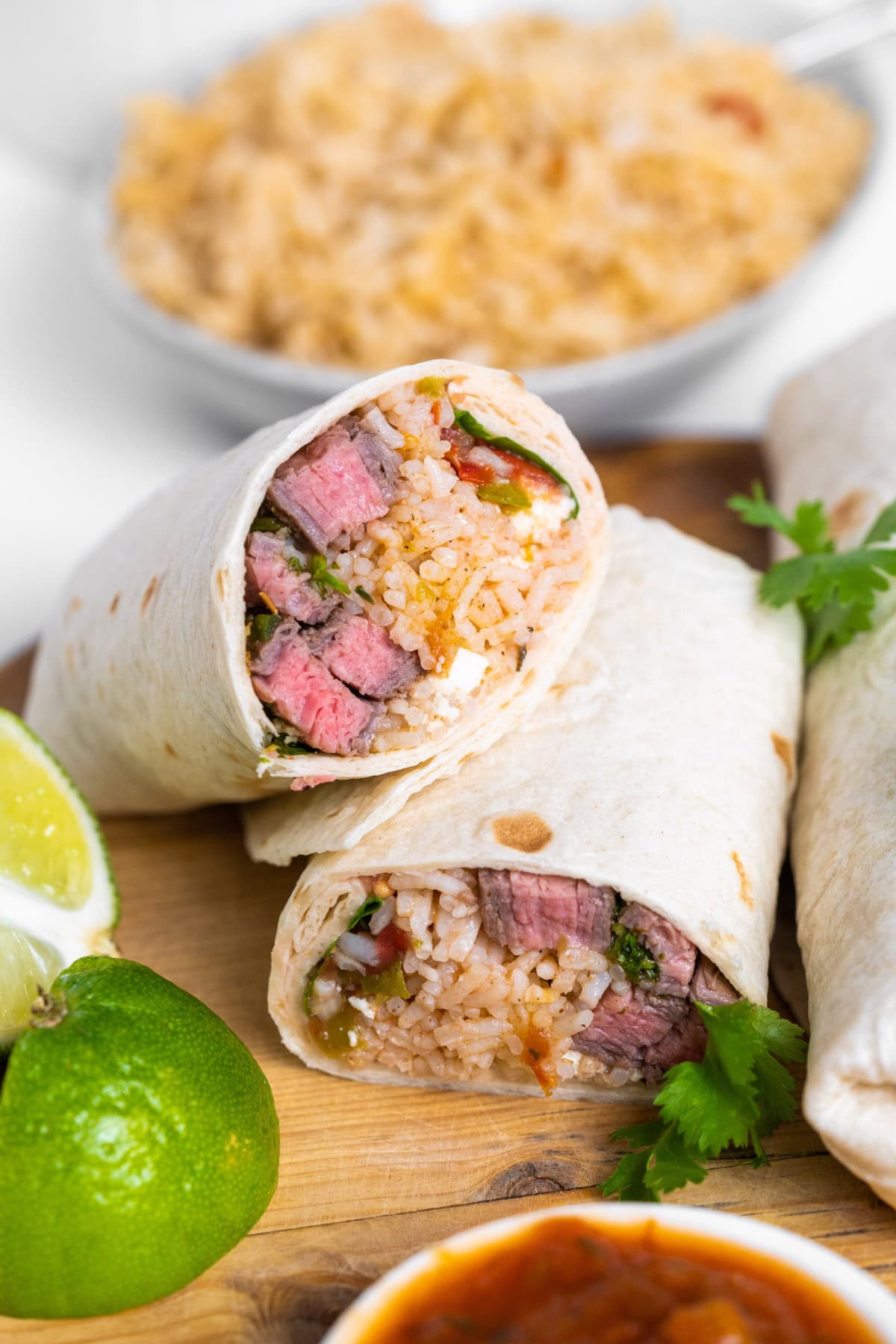 carne asada burrito cut in half