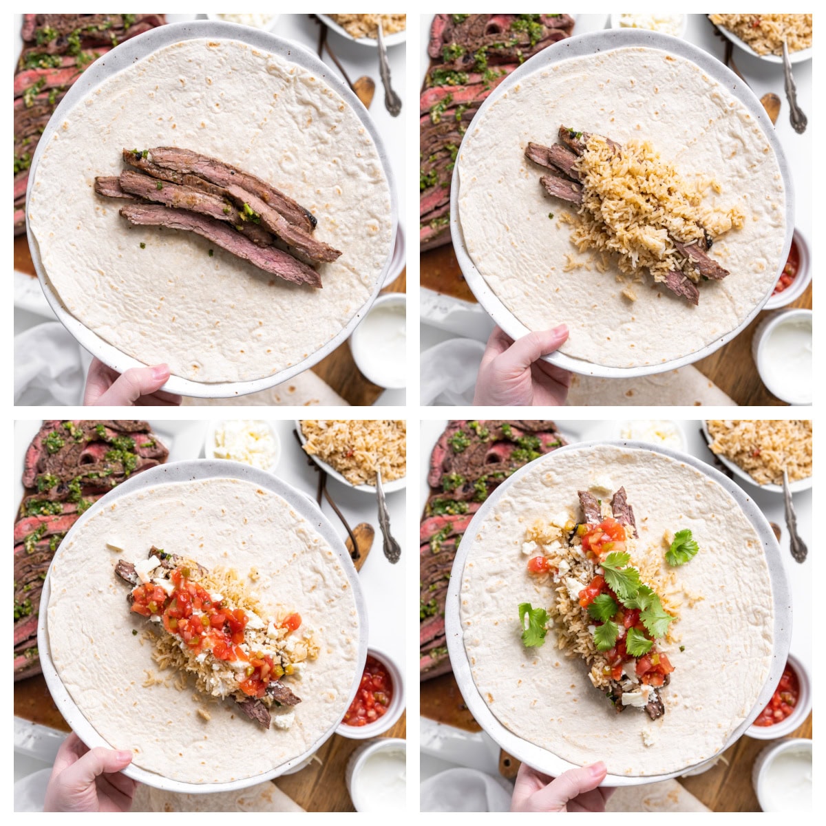 four photos showing how to assemble a carne asada burrito