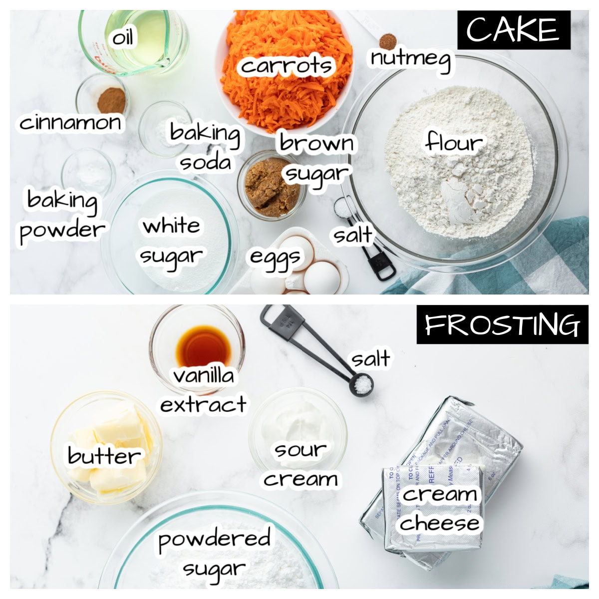 ingredients displayed for making carrot cake sheet cake
