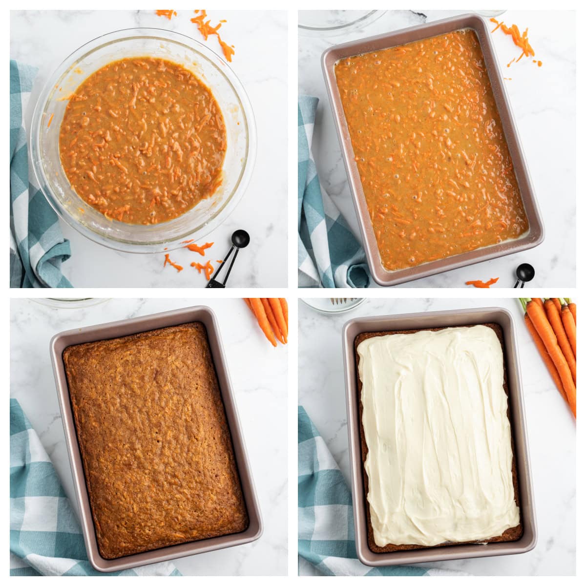 four photos showing how to make a carrot cake sheet cake