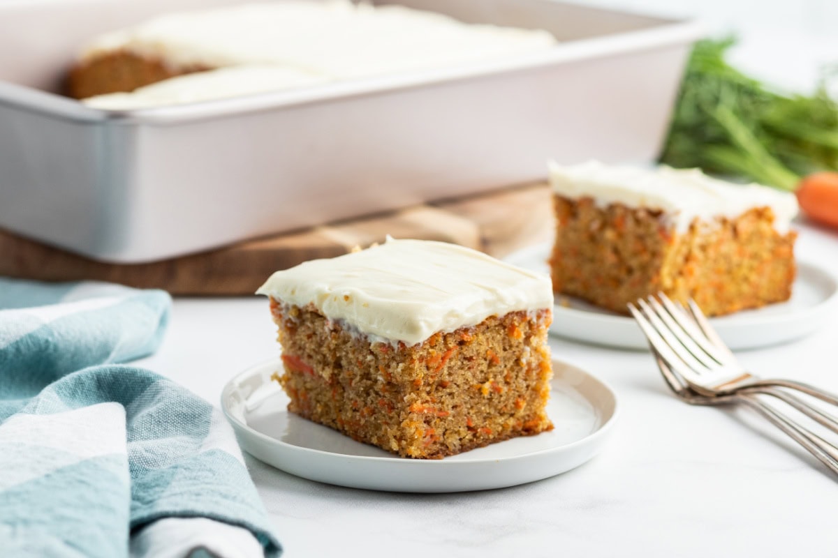 serving of carrot cake sheet cake on a white plate