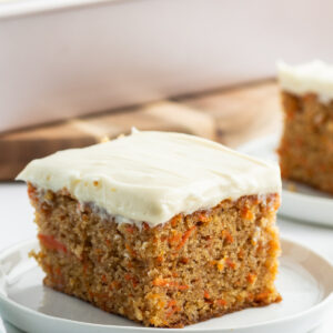 slice of carrot cake sheet cake on a plate
