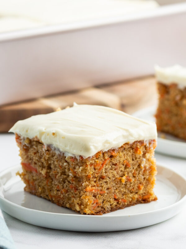 slice of carrot cake sheet cake on a plate