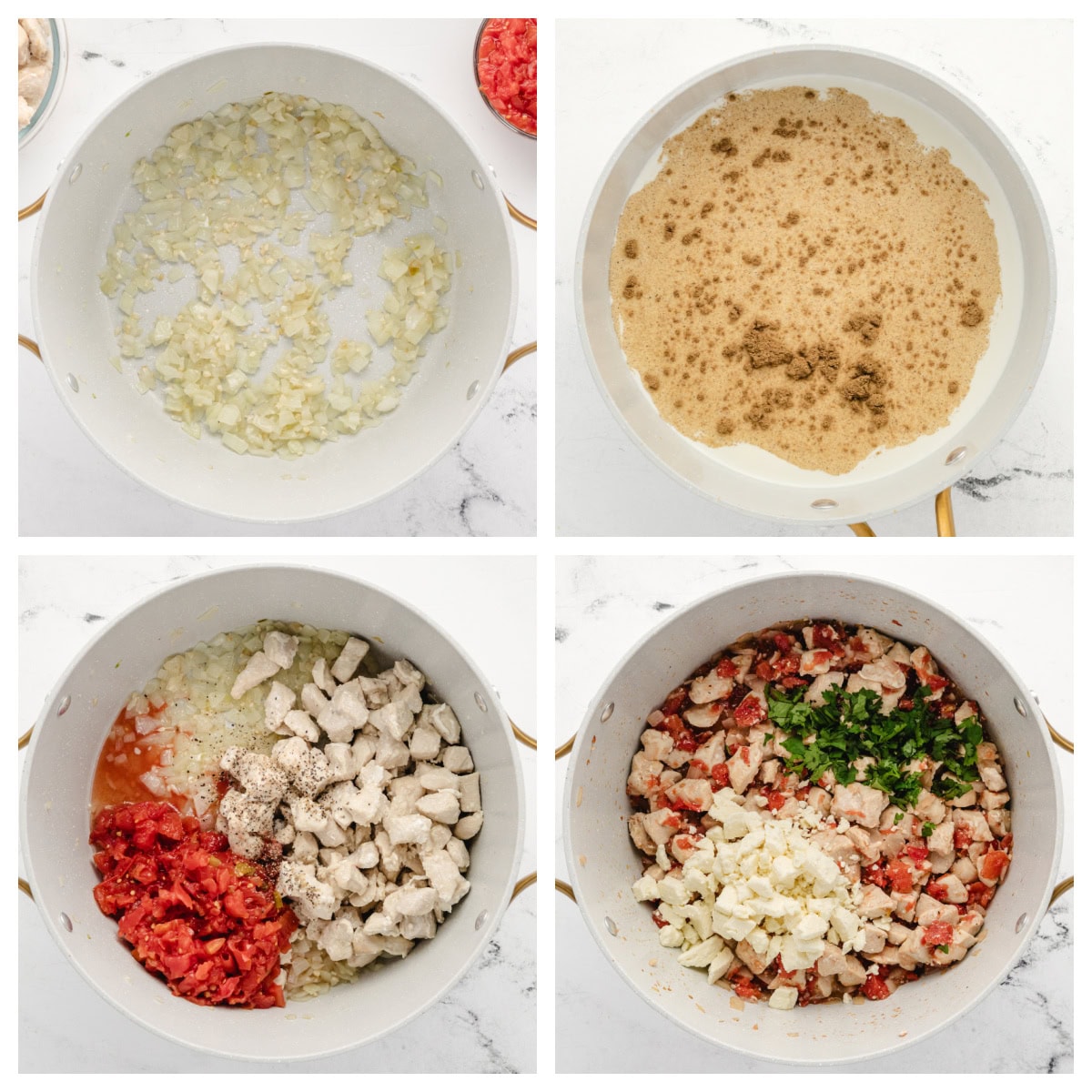 four photos showing how to make the filling for enchiladas