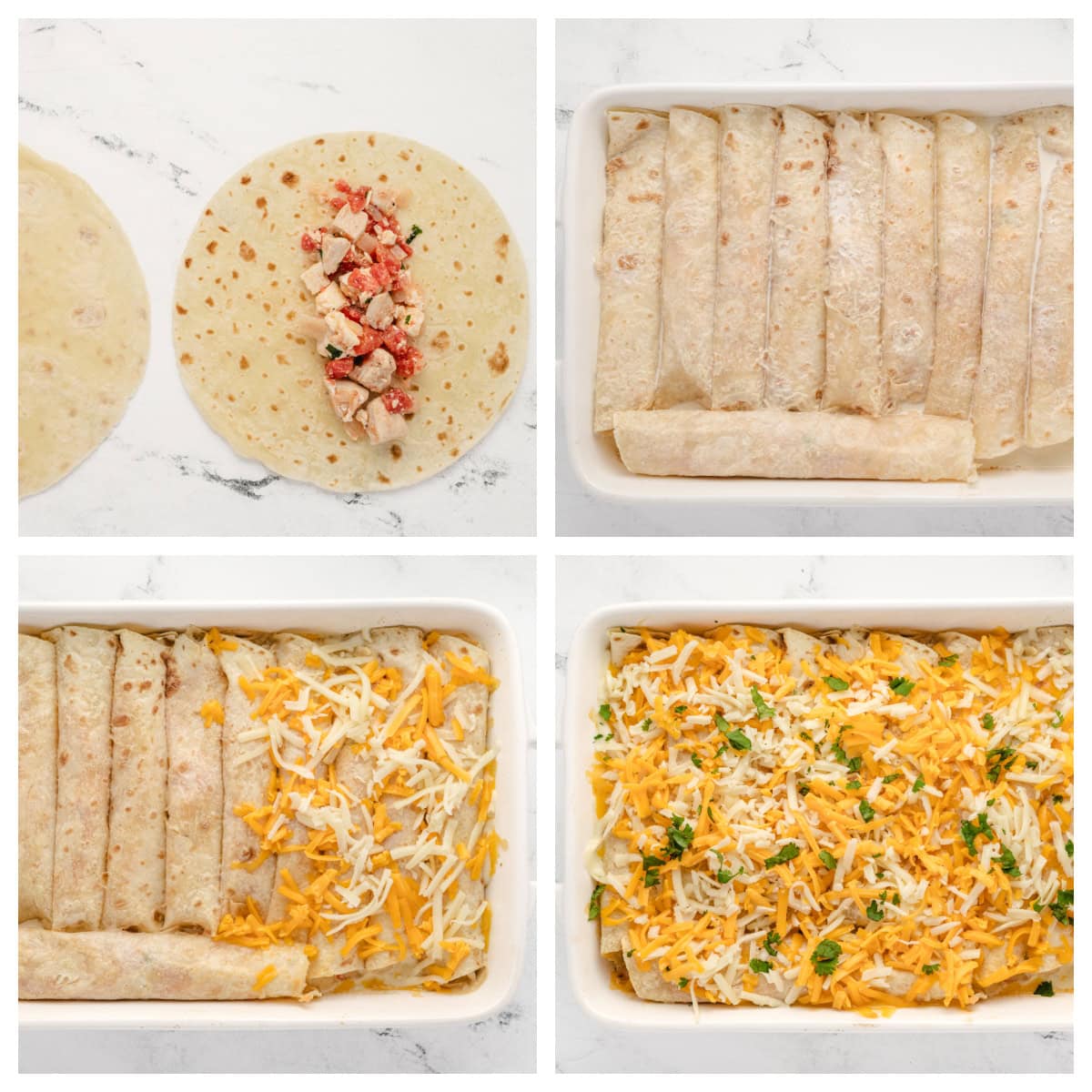 four photos showing how to assemble cheesy chicken enchiladas