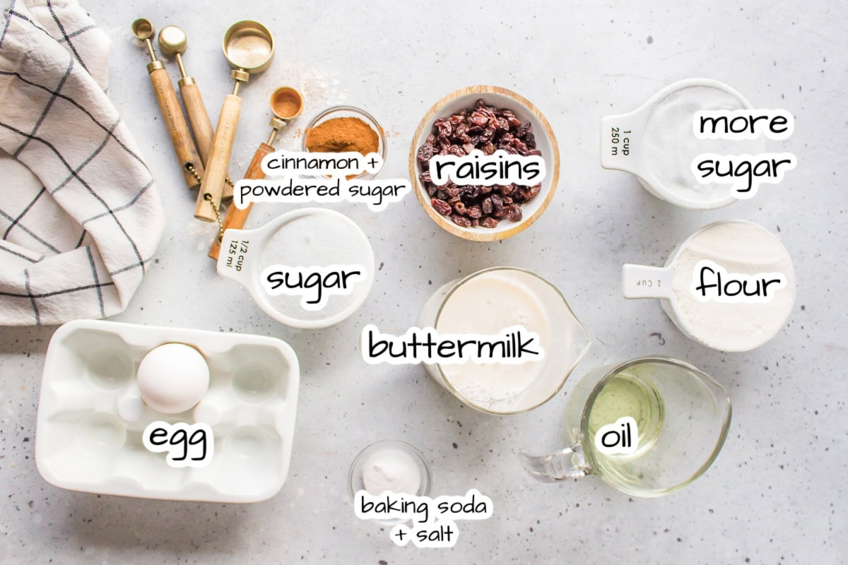 ingredients displayed for making cinnamon bread with raisins