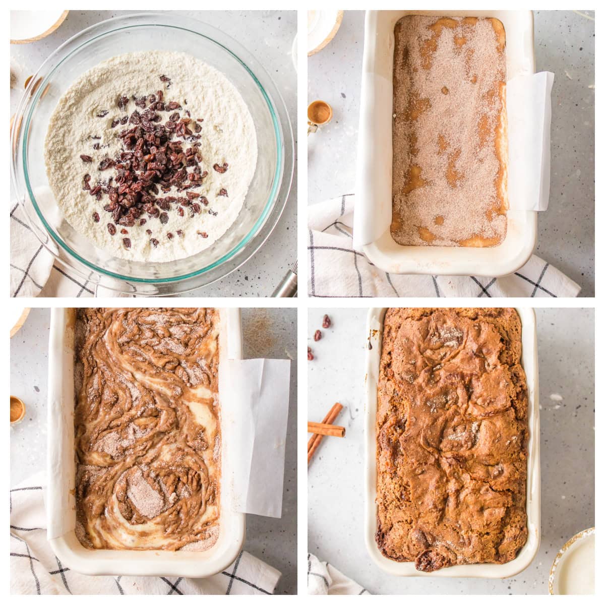 four photos showing how to make cinnamon bread with raisins