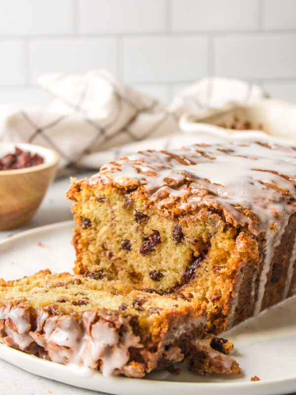 loaf of cinnamon bread with raisins sliced open