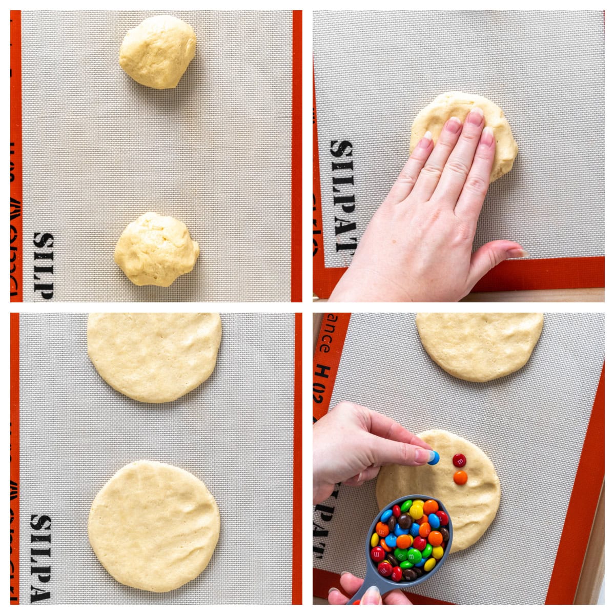 Giant M&M Cookies are soft, chewy and loaded with candy. A bakery-style cookie recipe you can easily make at home. four photos showing how to create giant M&M cookies