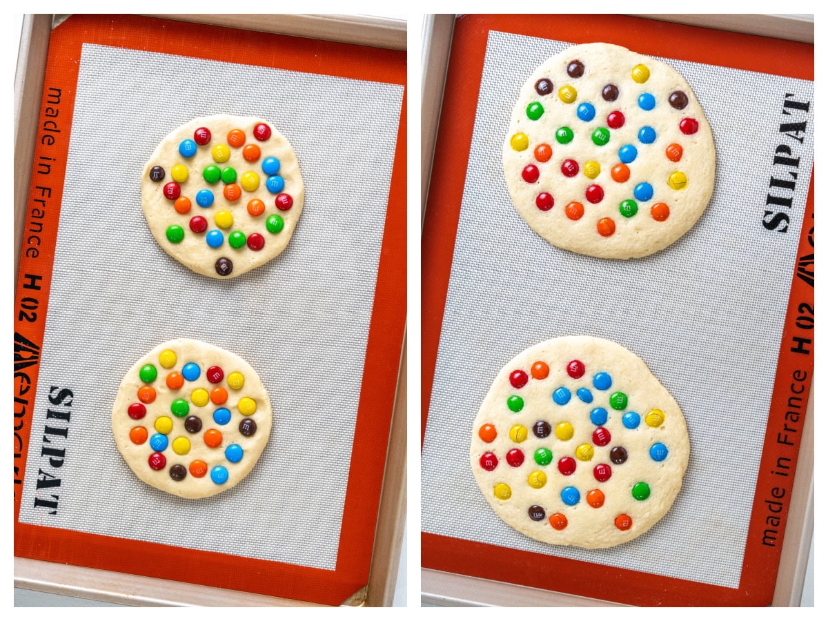 Giant M&M Cookies are soft, chewy and loaded with candy. A bakery-style cookie recipe you can easily make at home. two photos showing giant M&M cookies before and after baking