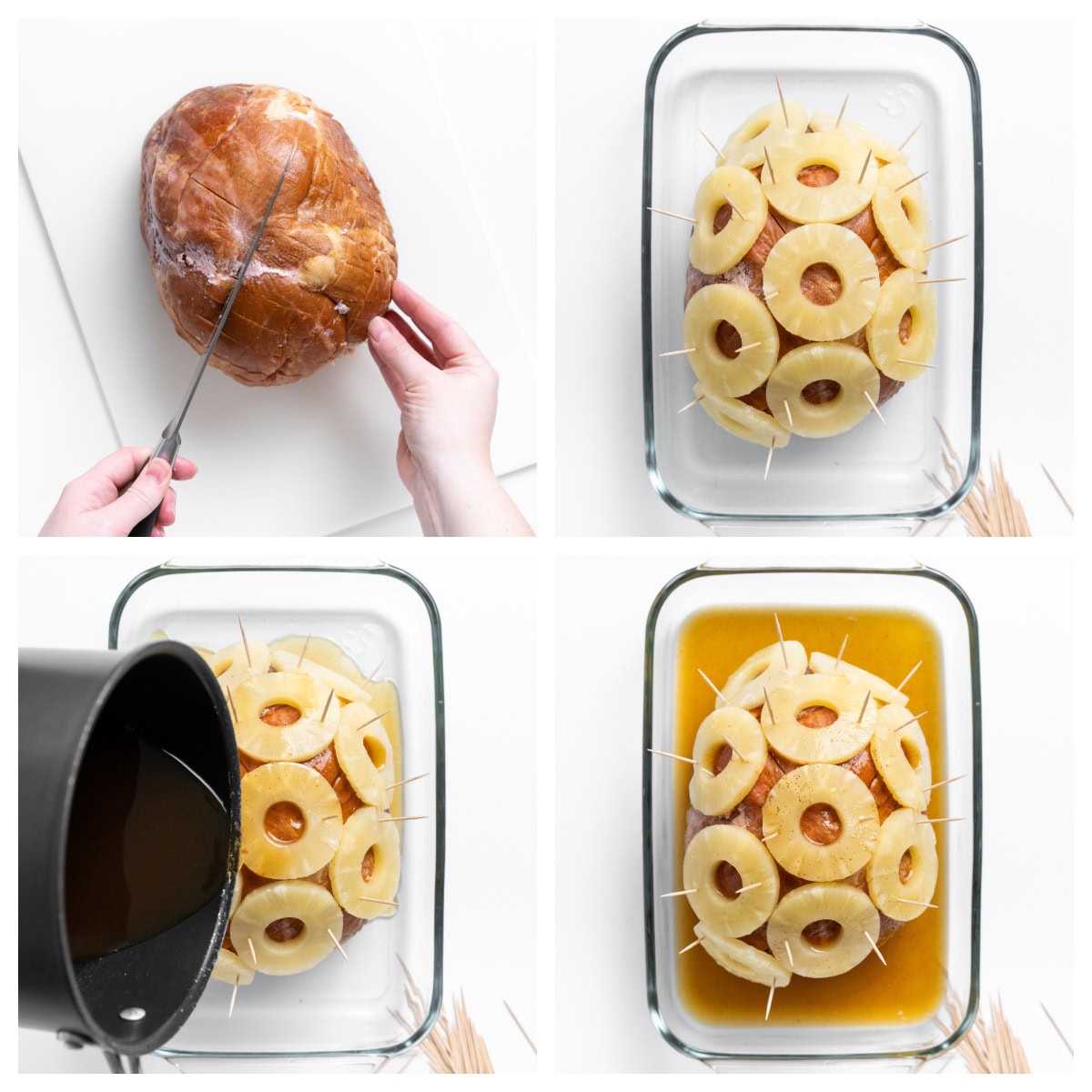 four photos showing how to make ham with pineapple