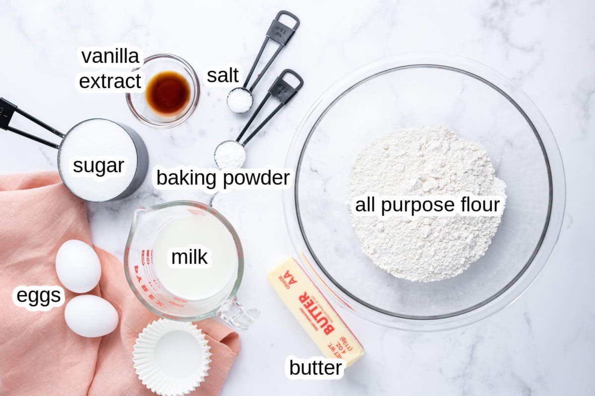ingredients displayed for making homemade vanilla cupcakes
