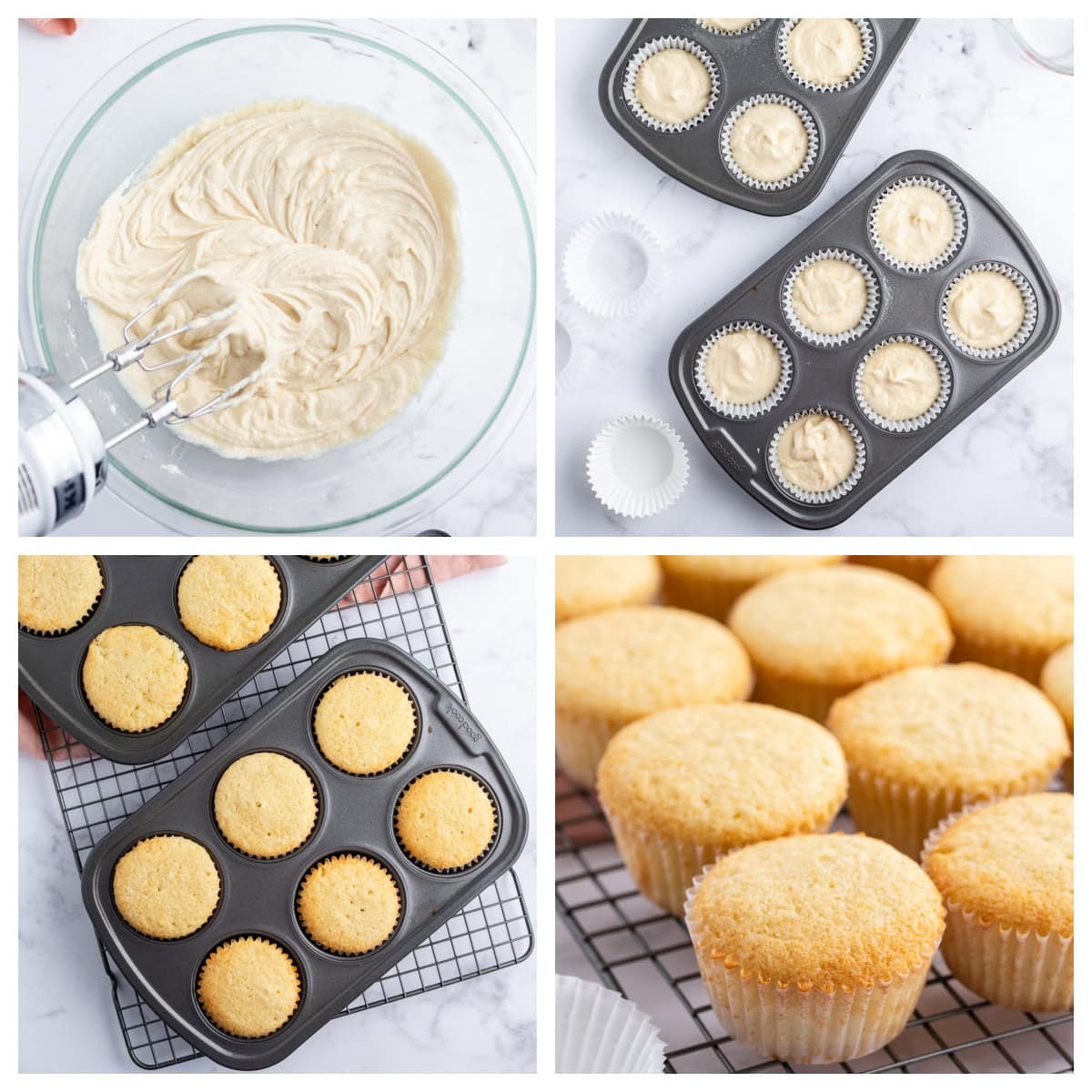 four photos showing how to make homemade vanilla cupcakes